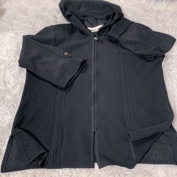 MISOOK Mesh Zip Up Hooded Jacket Tabbed Sleeves Side Vent Shoulder Pads women M - Picture 1 of 15